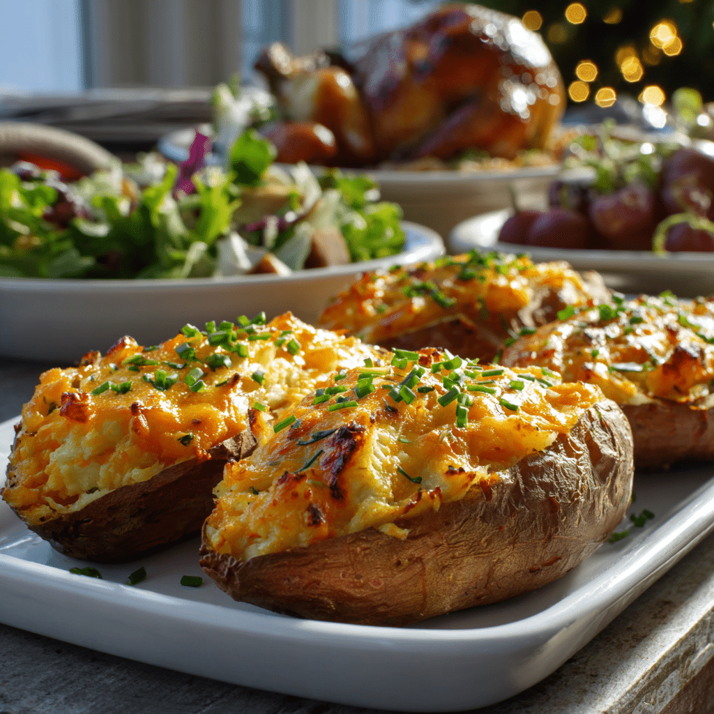 Twice baked sweet potatoes served on platter with roast chicken
