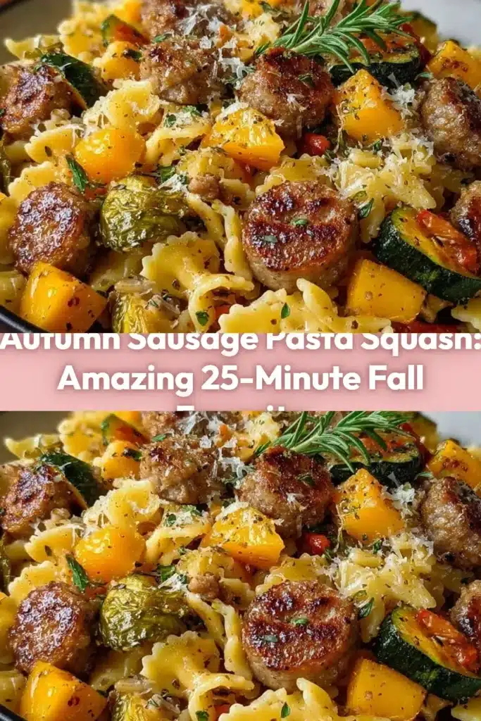 Bowl of Autumn Sausage Pasta Squash garnished with herbs, ideal for fall meals.