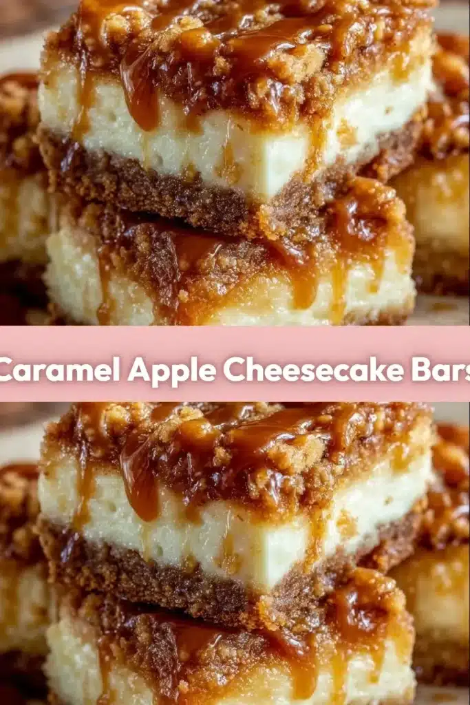 Delicious caramel apple cheesecake bars topped with caramel drizzle.