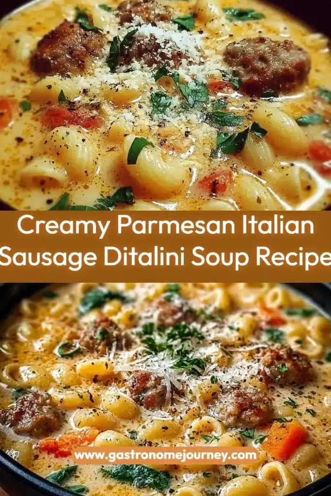 Creamy Parmesan Italian Sausage Ditalini Soup garnished with parsley.