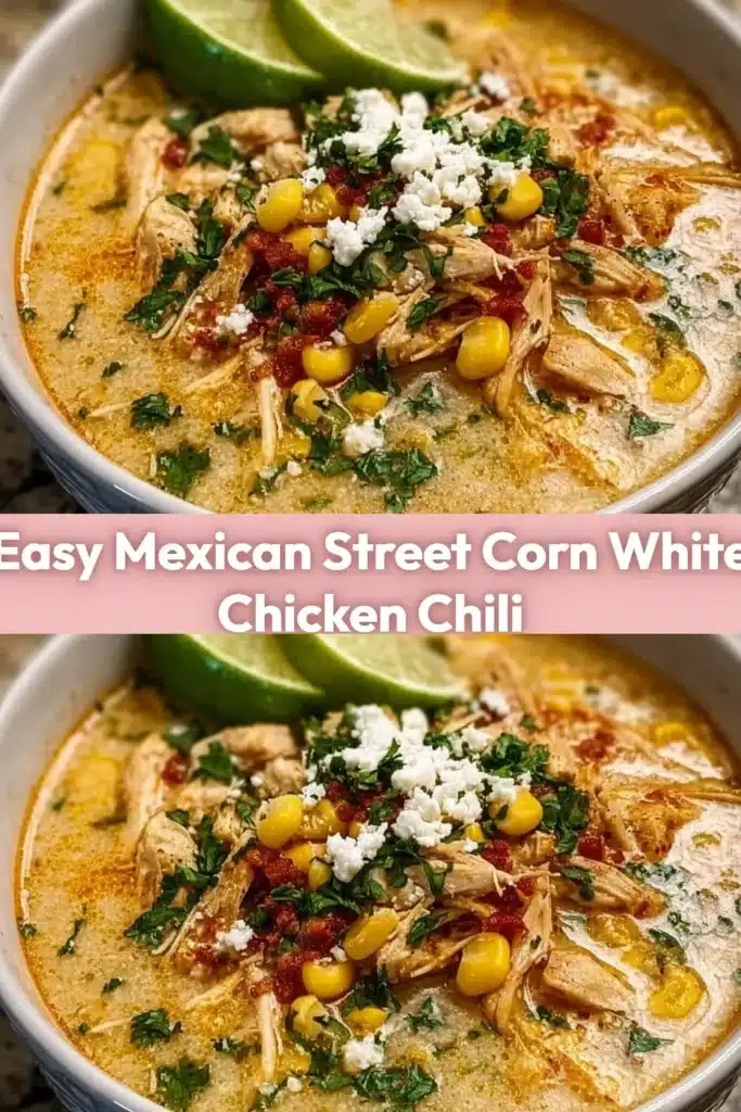 Bowl of Easy Mexican Street Corn White Chicken Chili topped with cilantro and corn