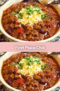 Bowl of First Place Chili with ingredients and spices displayed around it
