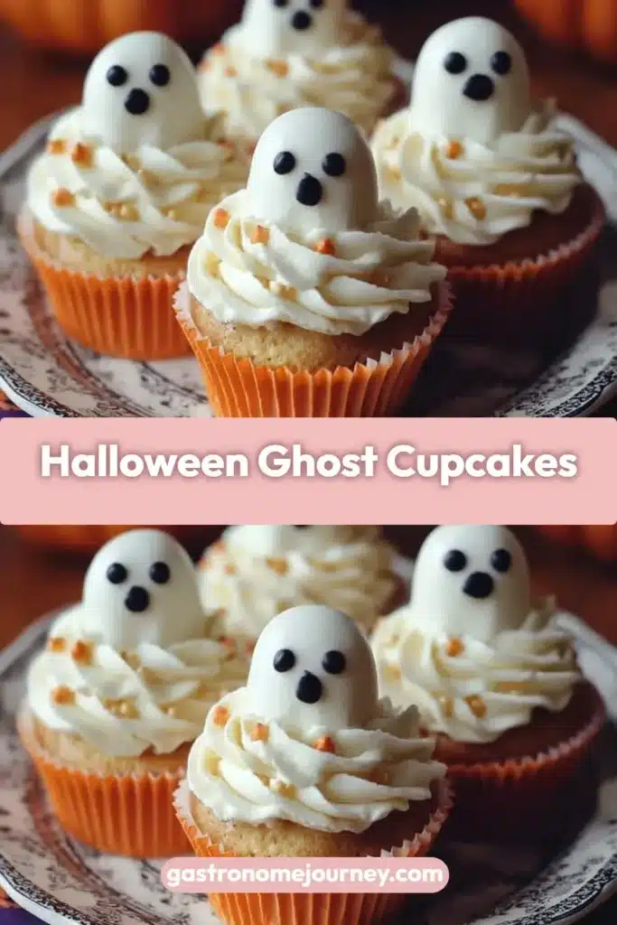Spooky Halloween ghost cupcakes decorated with cream frosting and ghost shapes.