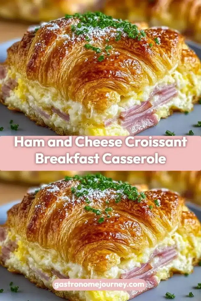 Ham and cheese croissant breakfast casserole served on a plate
