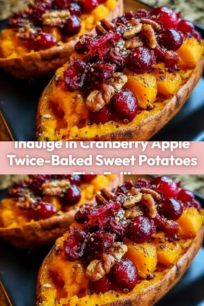 Cranberry apple twice-baked sweet potatoes served in a cozy autumn setting.