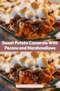Sweet potato casserole topped with pecans and marshmallows in a baking dish.