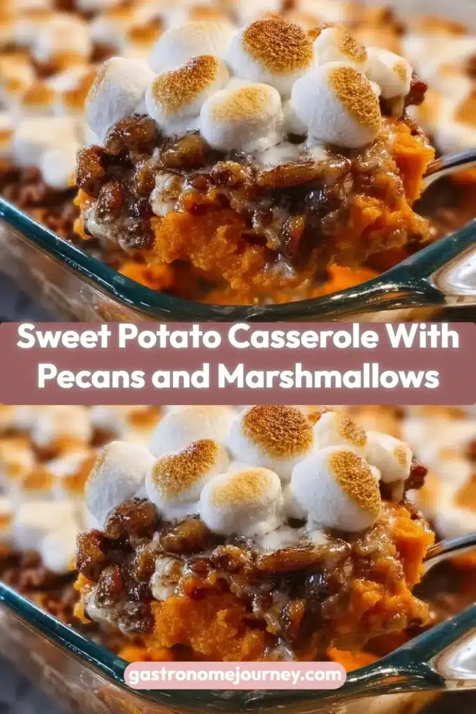 Sweet potato casserole topped with pecans and marshmallows in a baking dish.