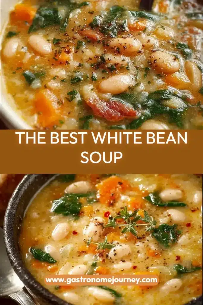 A bowl of the best white bean soup garnished with herbs and served with bread.