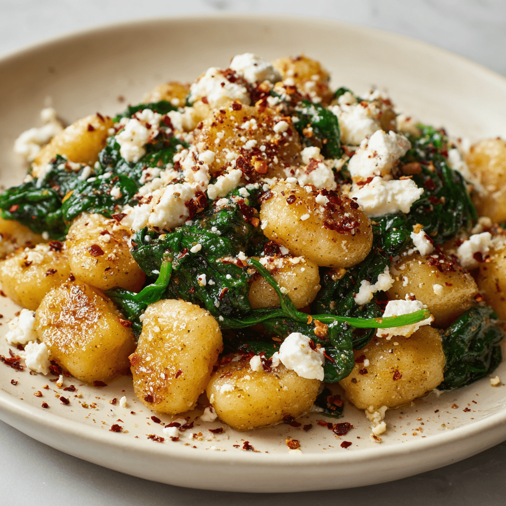 Crispy gnocchi with spinach and feta cheese, garnished with red pepper flakes and served on a white plate.