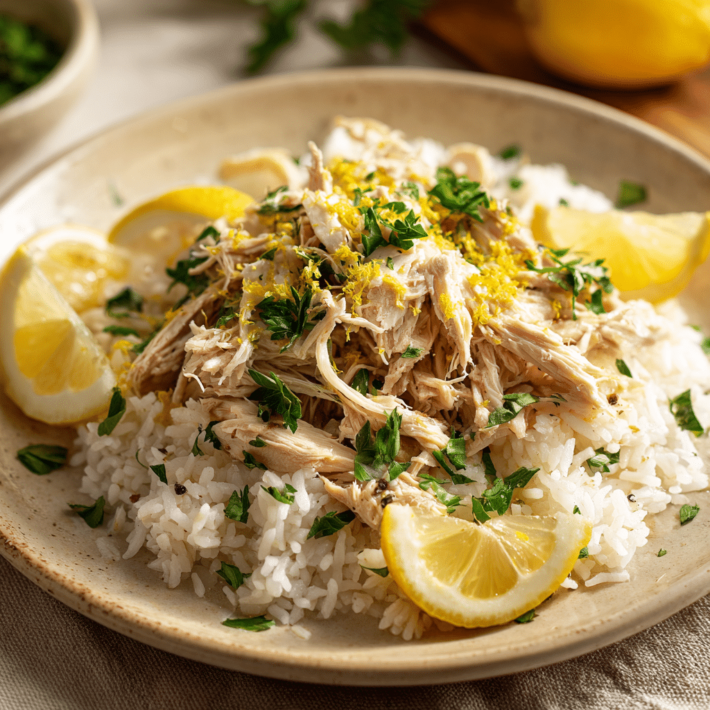 Slow Cooker Lemon Herb Chicken served over fluffy rice, garnished with fresh parsley and lemon zest for a comforting meal.