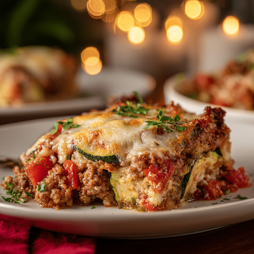 A golden, hearty serving of Ground Turkey Zucchini Casserole with layers of turkey, zucchini, and melted mozzarella cheese.