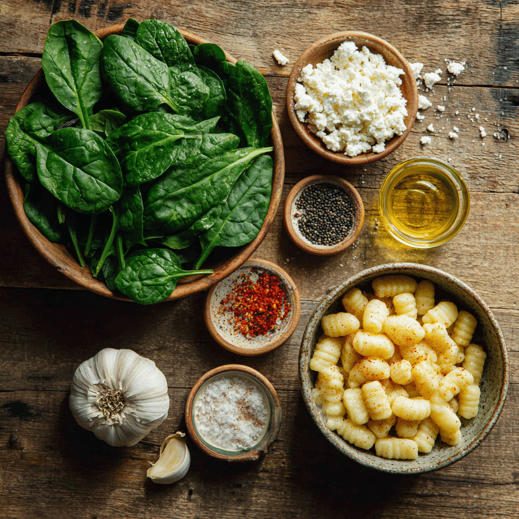 Fresh ingredients for Crispy Gnocchi with Spinach and Feta, including gnocchi, spinach, feta cheese, garlic, and spices.