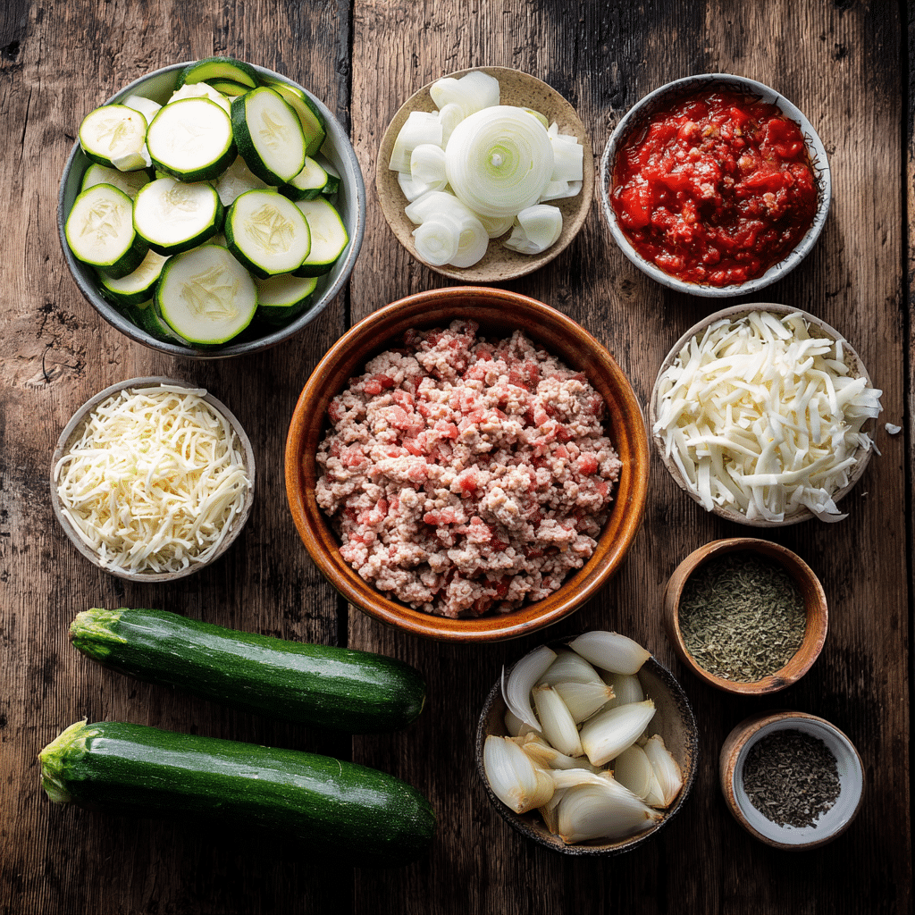 Fresh ingredients for Ground Turkey Zucchini Casserole, including ground turkey, zucchini, mozzarella, and more.