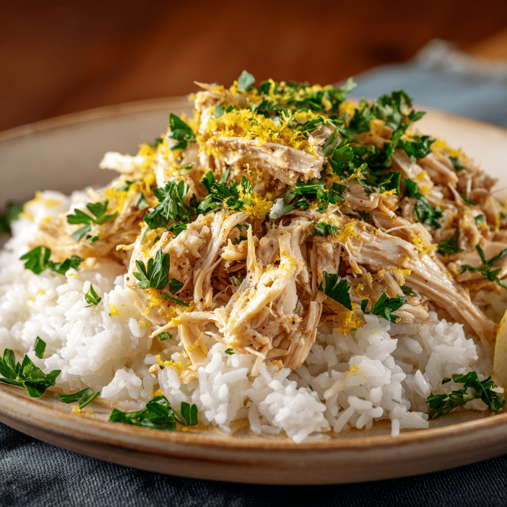 Slow Cooker Lemon Herb Chicken served over fluffy rice, garnished with fresh parsley and lemon zest for a comforting meal.