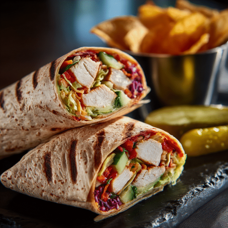 Homemade wraps filled with chicken, fresh vegetables, and sauce, sliced in half and served with chips.