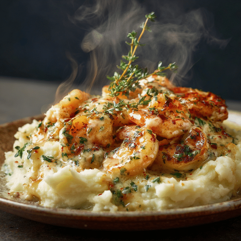 Creamy garlic shrimp served over mashed potatoes with rich butter sauce.