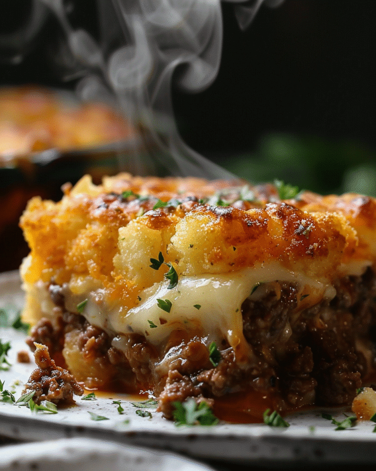 Golden tater tot casserole with melted cheese and beef filling.