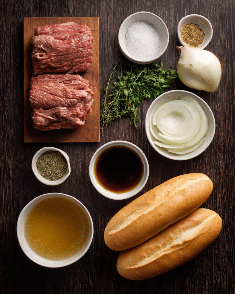 Top-down layout of beef roast, onions, broth, garlic, Worcestershire, rolls, salt, pepper, and herbs.