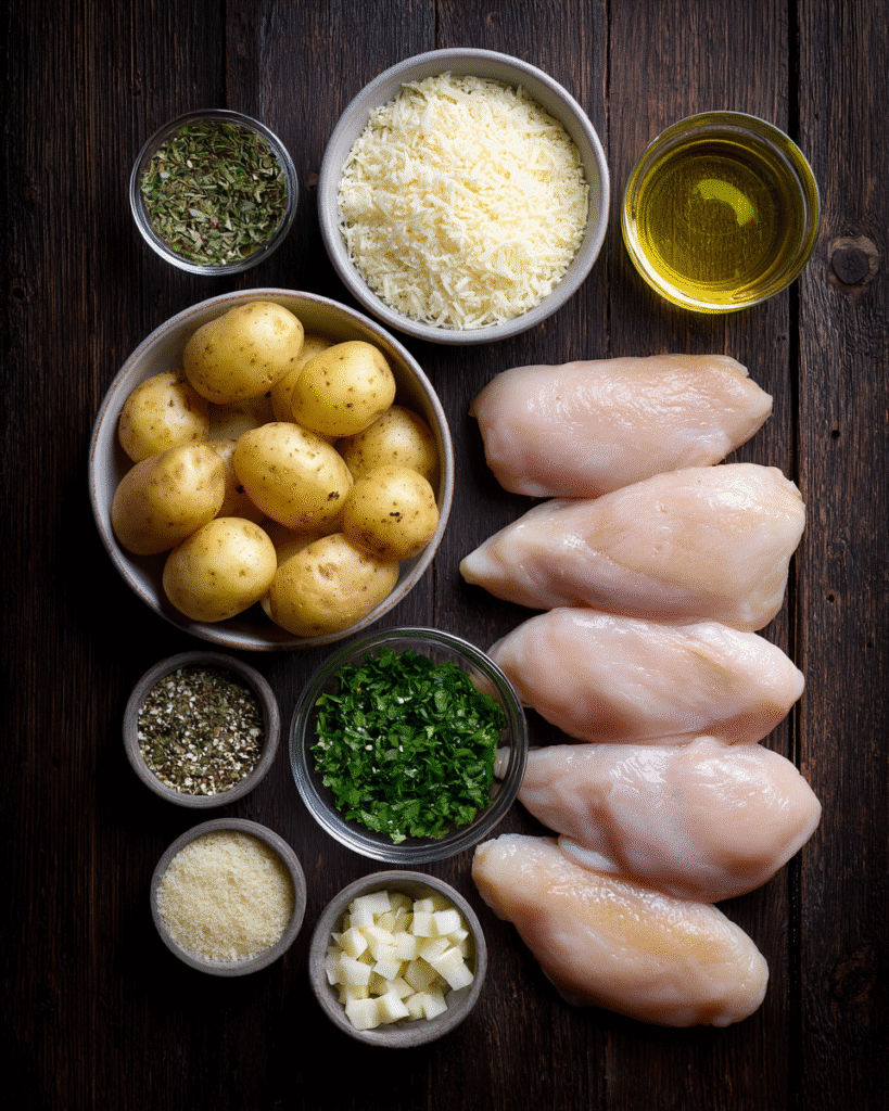 Top-down layout of chicken breasts, halved baby potatoes, parmesan, garlic, herbs, and olive oil.