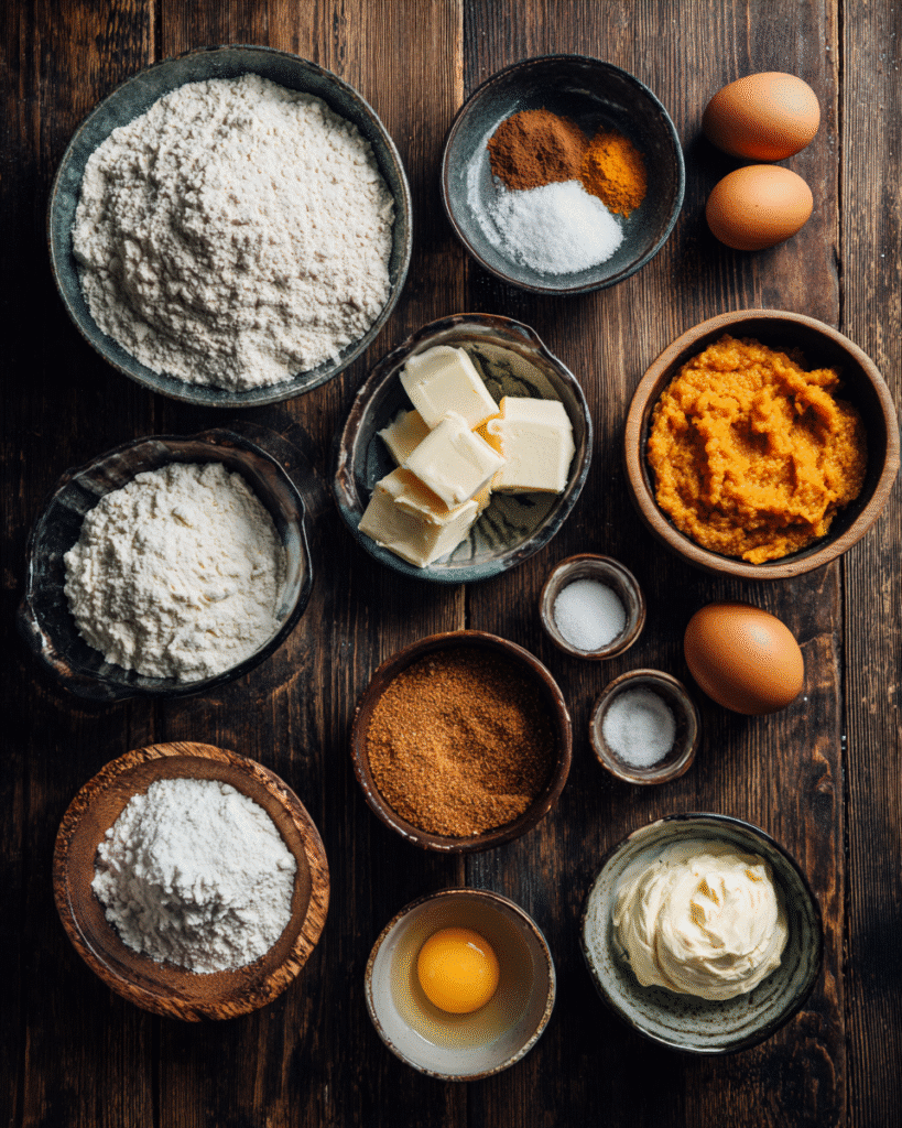 Top-down layout of measured ingredients for pumpkin cream cheese muffins on a dark wooden board.