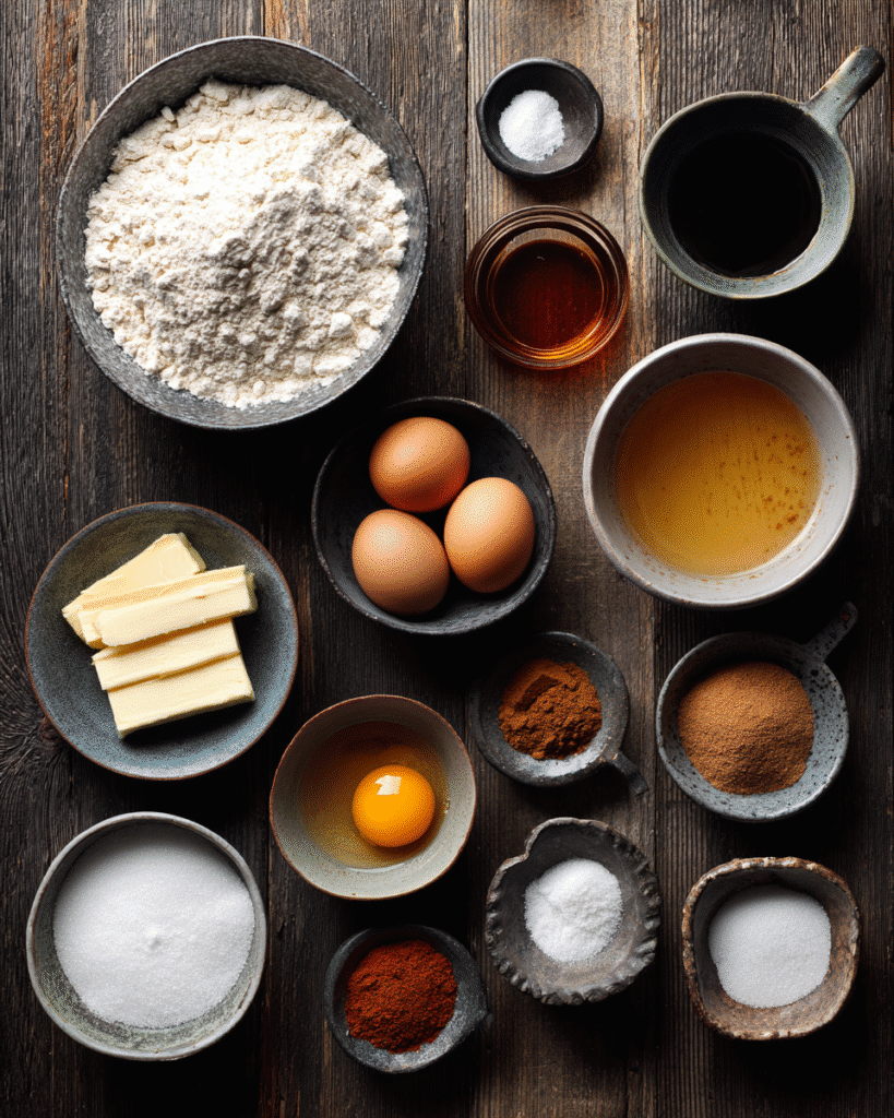 Top-down layout of flour, spices, butter, sugar, eggs, apple cider, vanilla, and cinnamon-sugar topping.