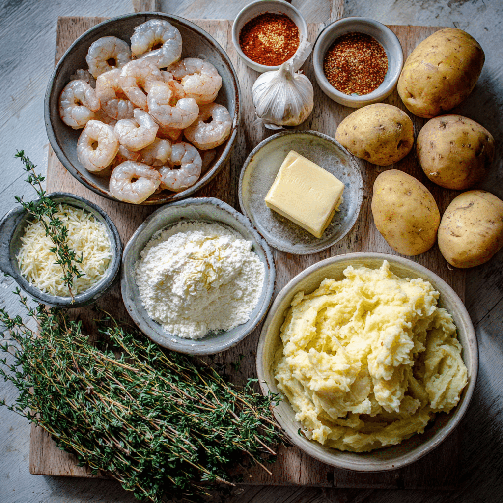 Creamy garlic shrimp served over mashed potatoes with rich butter sauce.