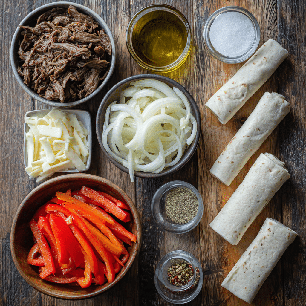 Keto Philly cheesesteak rolls filled with beef, peppers, onions, and melted provolone cheese.