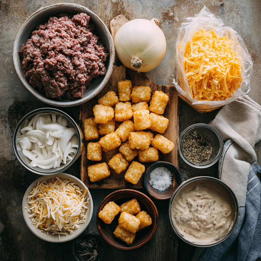 Golden tater tot casserole with melted cheese and beef filling.