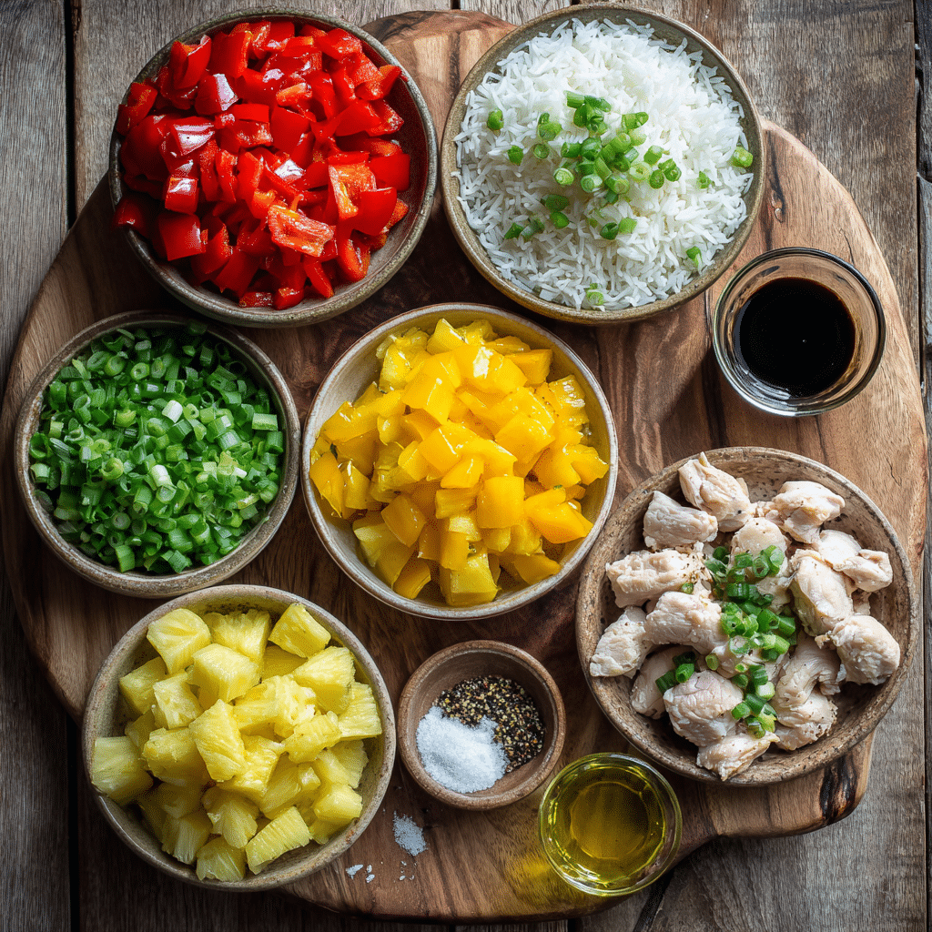 Colorful bell peppers stuffed with teriyaki chicken, rice, and pineapple, garnished with green onions.