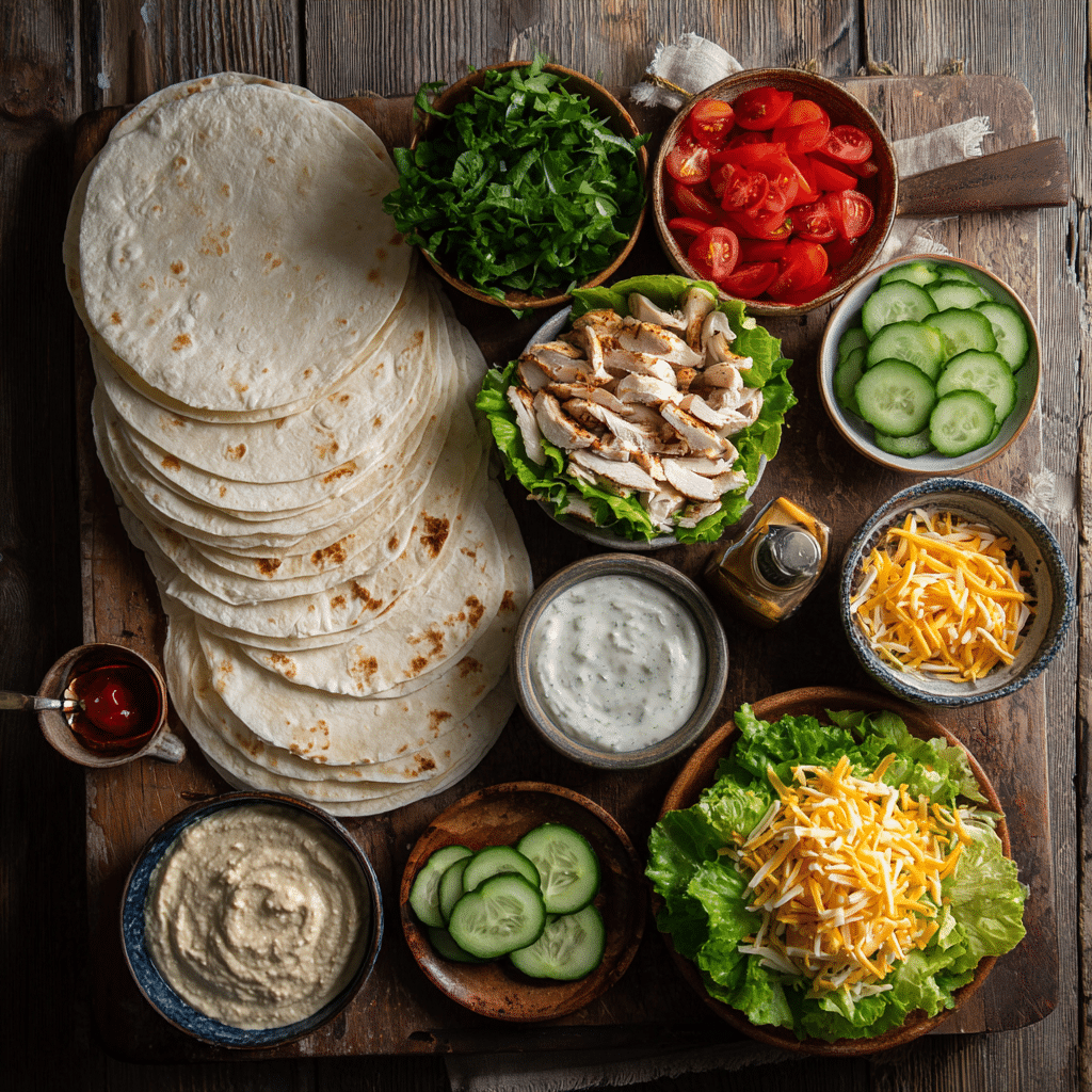 Homemade wraps filled with chicken, fresh vegetables, and sauce, sliced in half and served with chips.