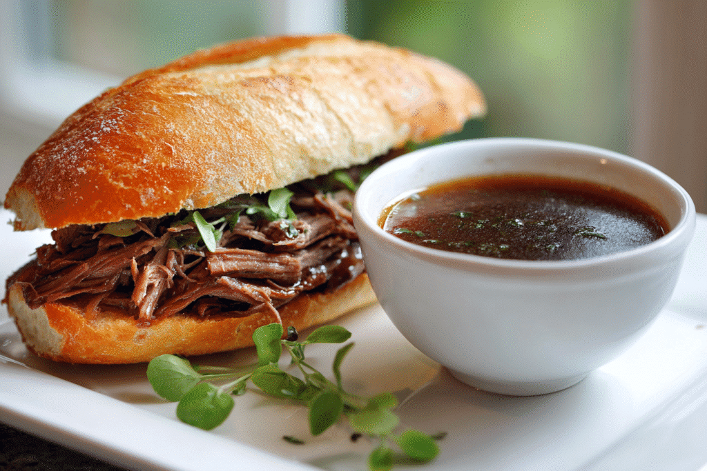 French dip sandwich with a ramekin of hot au jus and herb garnish.