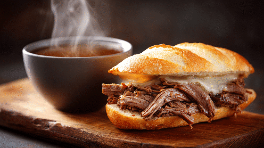 French dip sandwich on a toasted roll with a ramekin of au jus and visible steam.