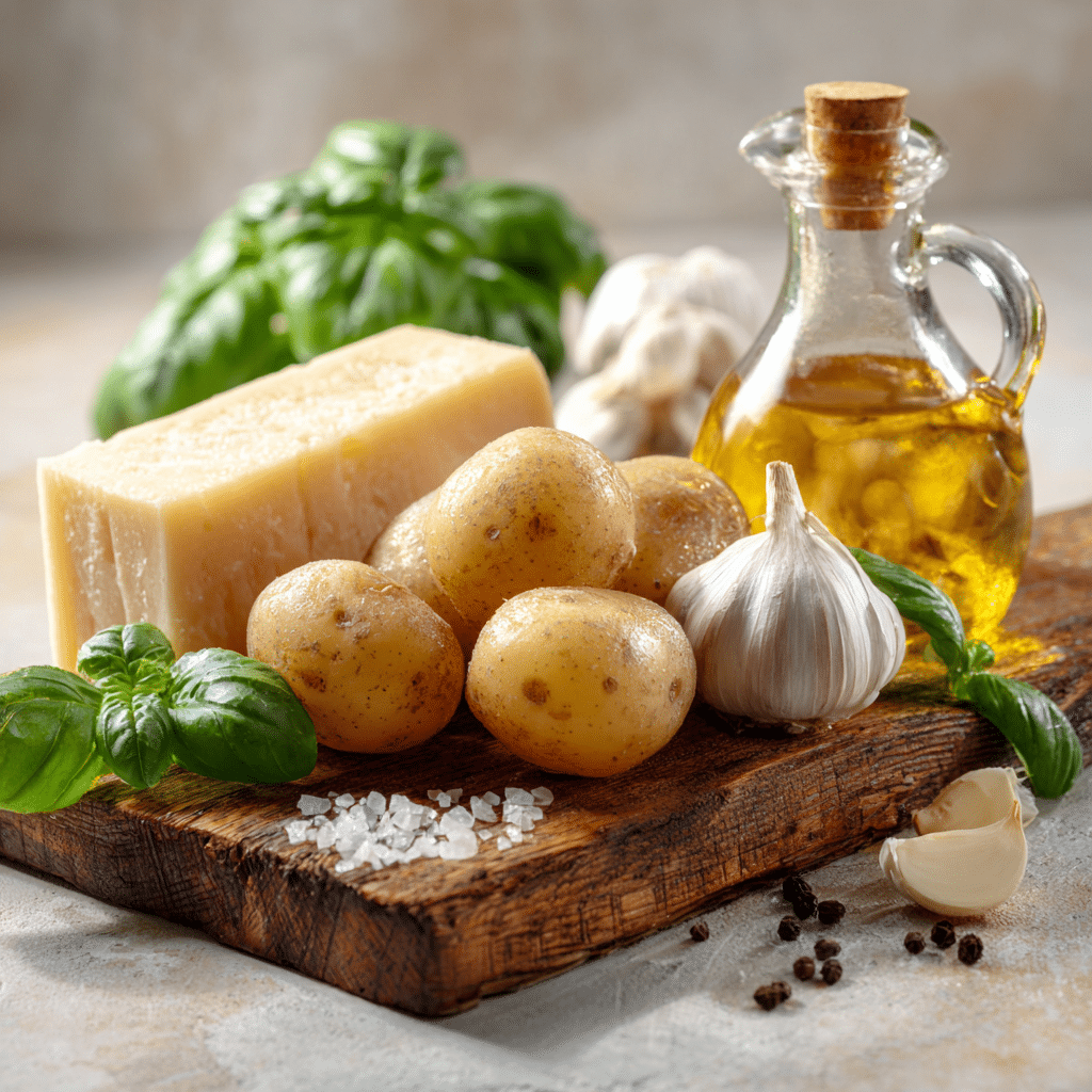 Fresh garlic, parmesan, baby potatoes, herbs, and olive oil on a cutting board