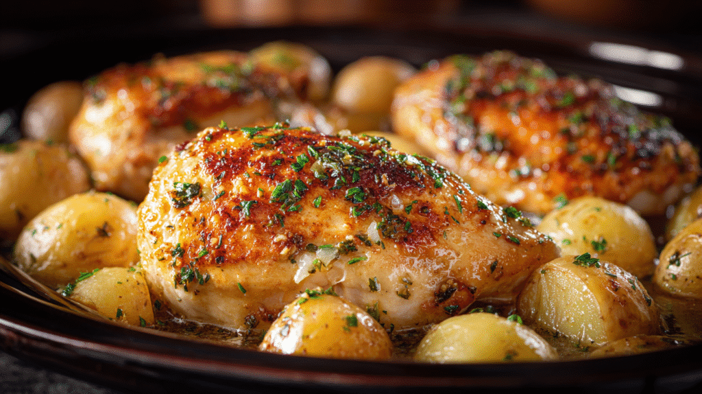 Garlic Parmesan Crockpot Chicken with baby potatoes in a rustic serving dish under warm light.
