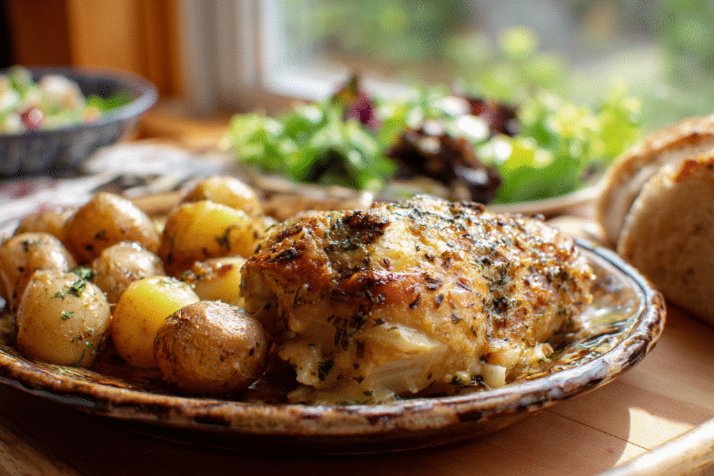 Platter of garlic parmesan chicken and baby potatoes with bread and a side salad.