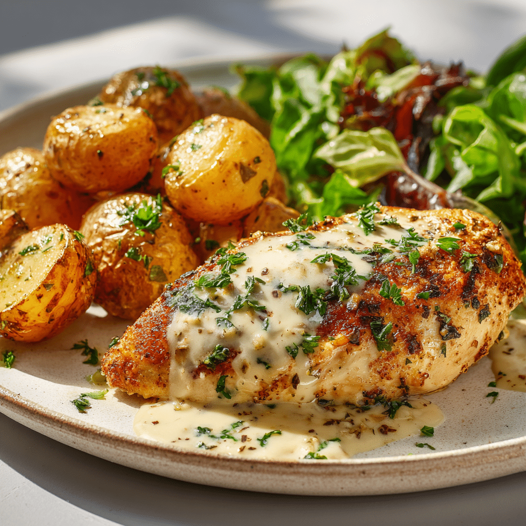 Garlic Parmesan Chicken served with potatoes and parsley on a plate