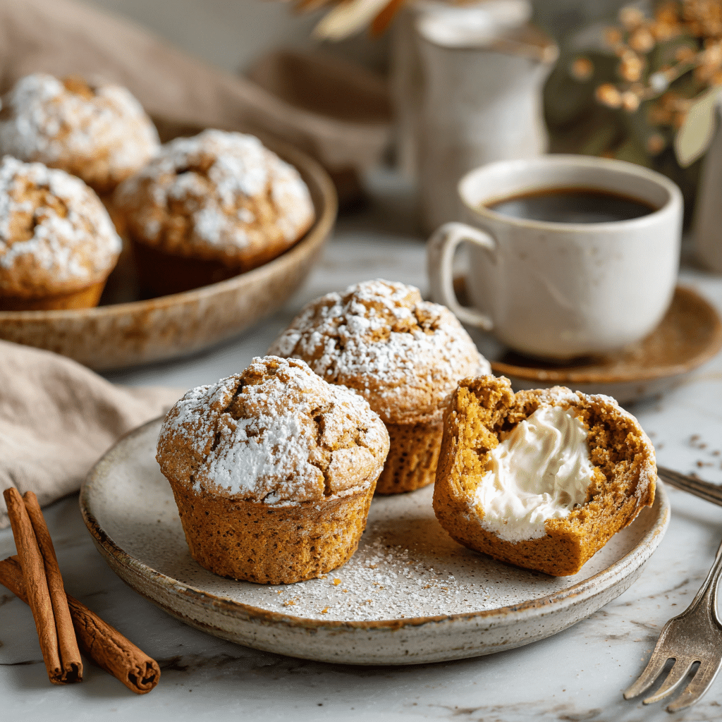 Cut-open pumpkin cream cheese muffin showing creamy center beside whole muffins and coffee.