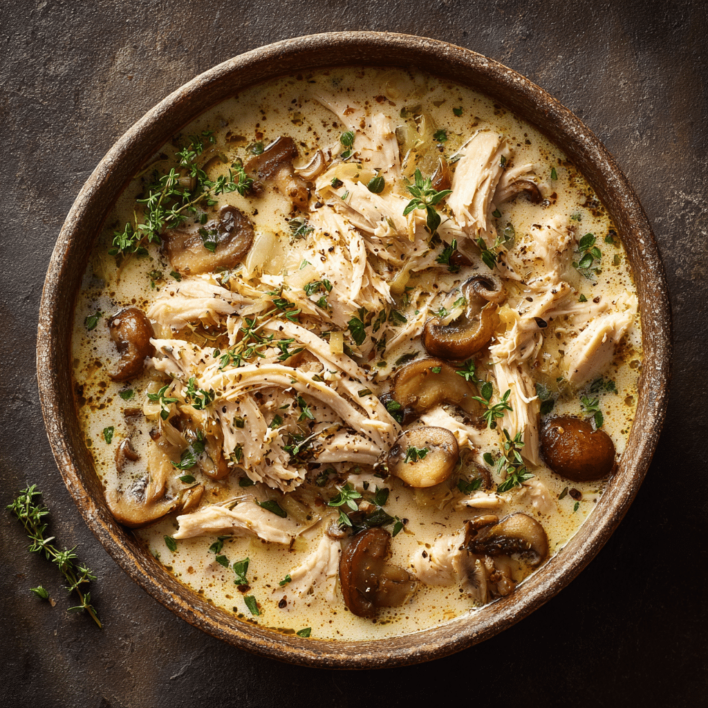 Creamy chicken mushroom soup served with bread and thyme garnish