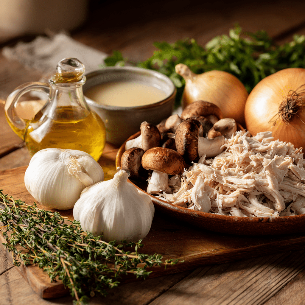 Fresh ingredients for chicken mushroom soup including rotisserie chicken, mushrooms, onion, and thyme