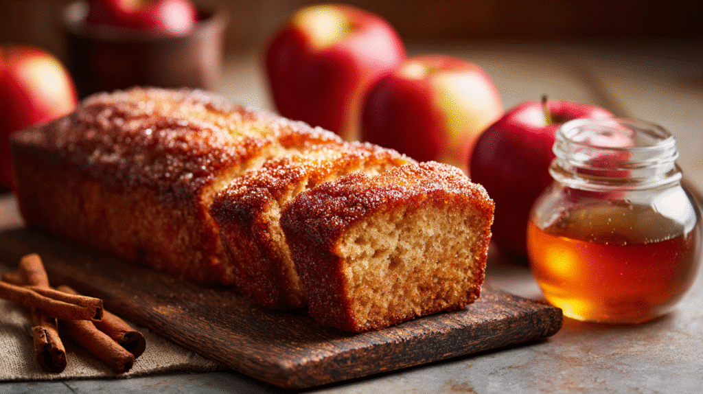 Sliced spiced apple cider donut loaf with a crisp cinnamon-sugar crust beside coffee.
