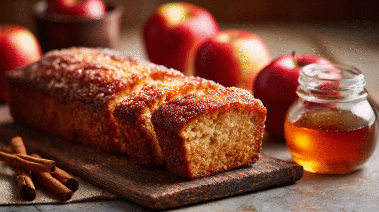 Sliced spiced apple cider donut loaf with a crisp cinnamon-sugar crust beside coffee.