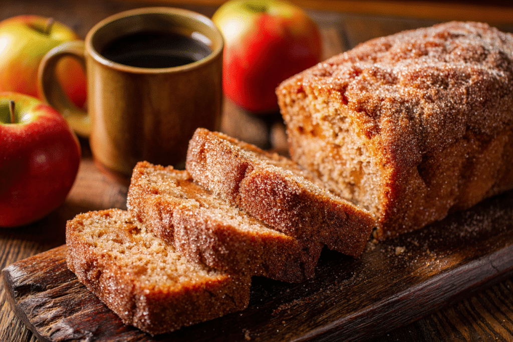 Golden spiced apple cider donut loaf with a crackly cinnamon-sugar top on a cutting board.