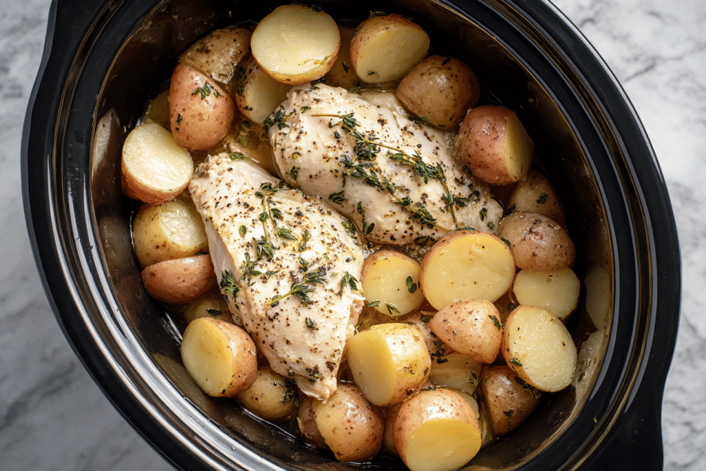 Chicken breasts and halved baby potatoes arranged in a slow cooker.