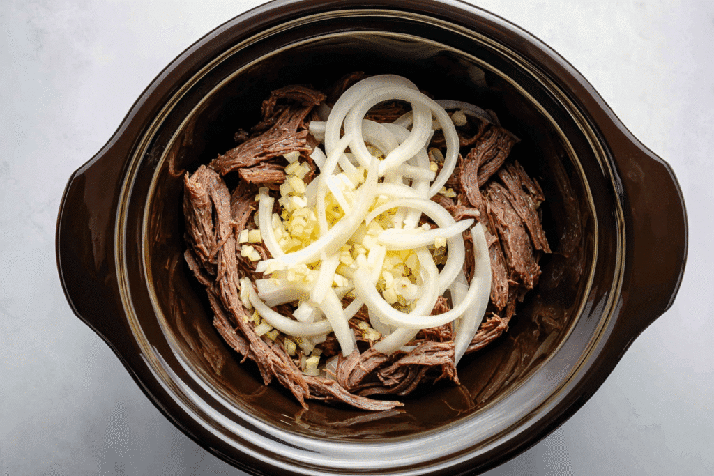 Sliced onions and minced garlic placed in the bottom of a slow cooker.