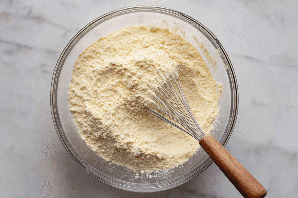 Overhead view of dry ingredients being whisked together in a mixing bowl.