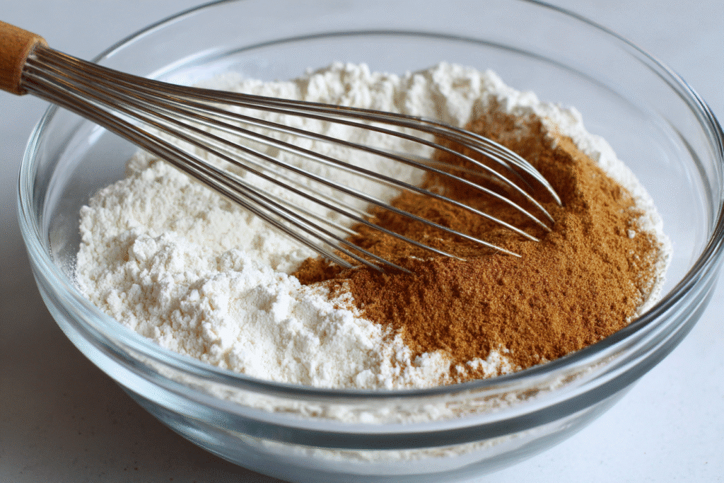 Overhead of dry ingredients being whisked together in a mixing bowl.