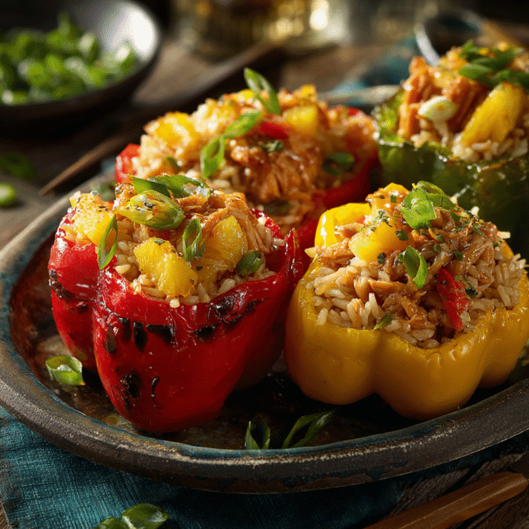 Colorful bell peppers stuffed with Teriyaki Pineapple Chicken Rice , garnished with green onions.