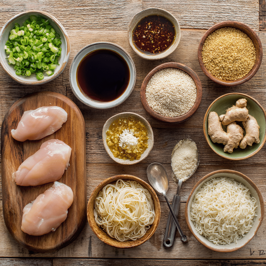 Flat-lay of chicken breasts, teriyaki sauce, honey, garlic, ginger, salt, pepper, rice, noodles, scallions, sesame.