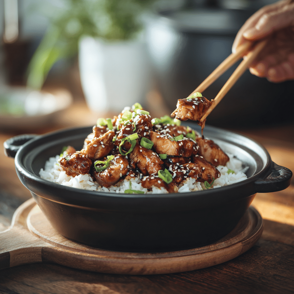 Bowl of teriyaki chicken over rice with sesame and green onions, chopsticks above.
