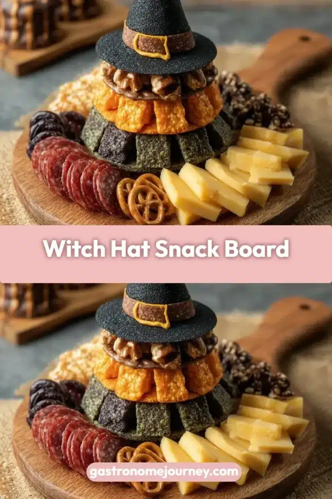 A Halloween-themed Witch Hat Snack Board filled with treats and snacks.